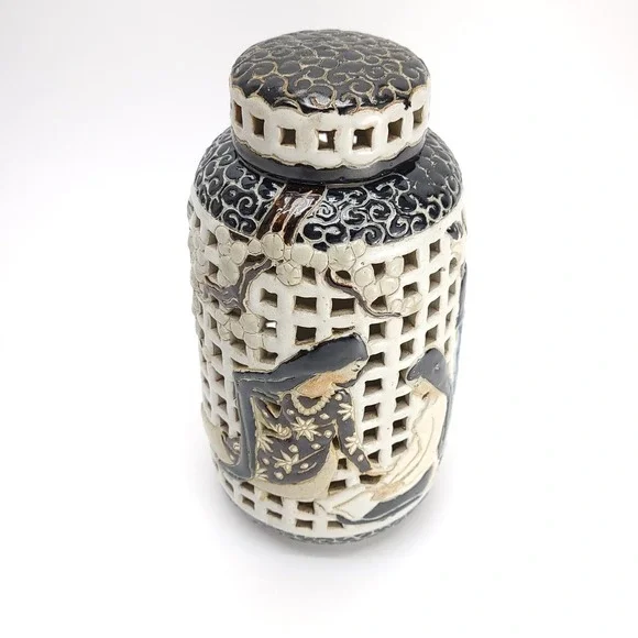 Vintage Dona Ceramics Pottery Open Work Lantern Urn Jar West Vietnam Authentic‎